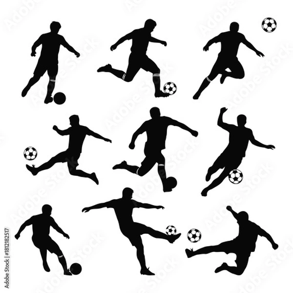 Fototapeta Set of black silhouette icons showing multiple soccer player movements isolated on