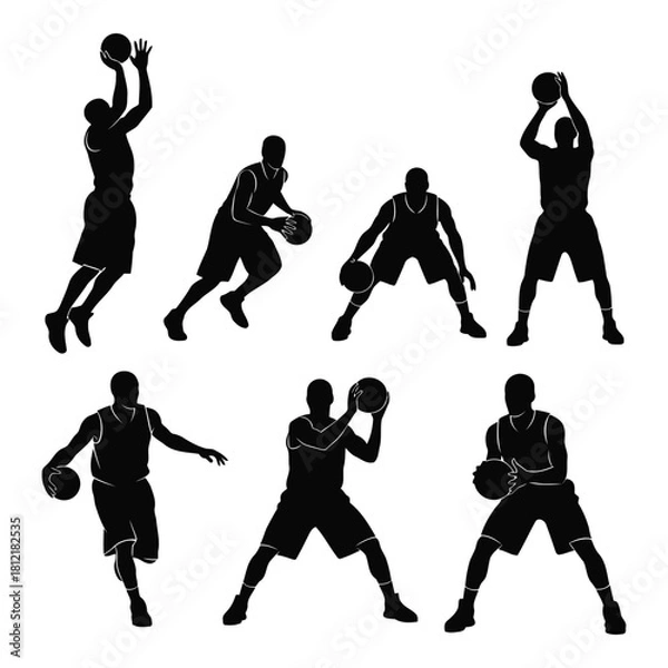 Fototapeta Set of seven basketball player silhouette icon for sport design isolated on