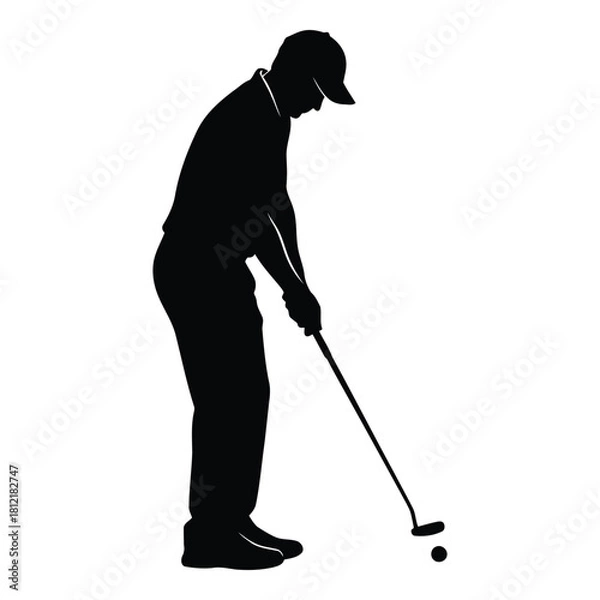 Fototapeta Silhouette of a golfer in cap preparing to putt a golf ball isolated on