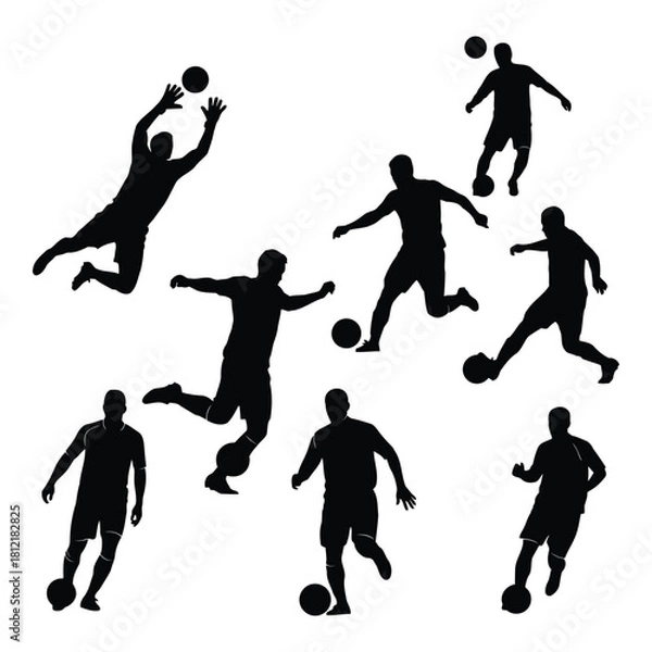 Fototapeta Collection of black silhouette icons depicting various soccer player actions isolated on