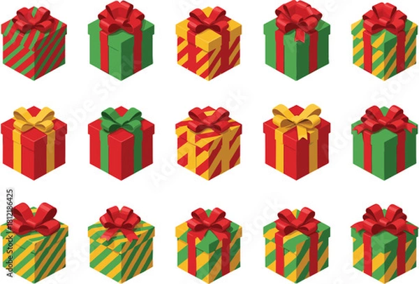 Fototapeta Colorful Christmas gift boxes with festive ribbons and holiday patterns, isolated present illustrations for winter celebration, decorative seasonal design elements