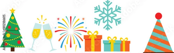 Fototapeta Colorful festive holiday icons including Christmas tree, gifts, fireworks, snowflake, champagne and party hat, celebration illustration for Christmas and New Year themes