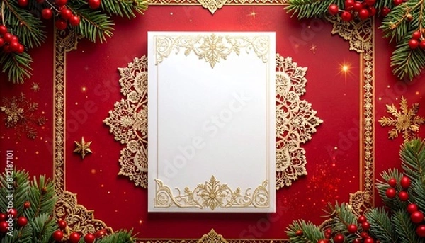 Fototapeta A modern white card with ornate gold lace borders and soft festive sparkles over a royal red background