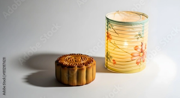 Obraz Traditional mooncake and glowing lantern create warm ambiance for mid-autumn festival