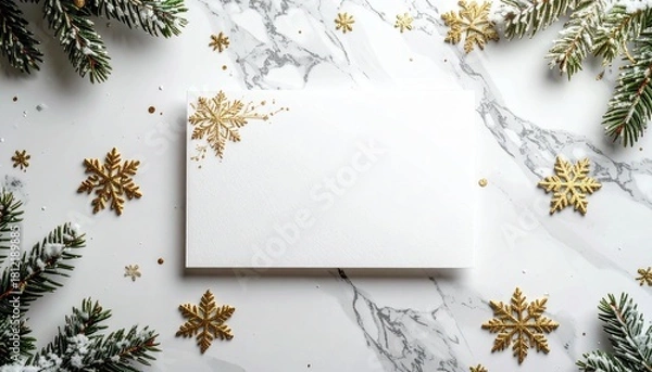 Fototapeta A postcard on premium white marble with scattered gold snowflakes creating a refined holiday frame