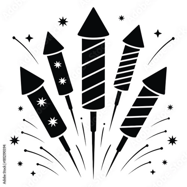 Fototapeta A festive display of firework rockets, silhouetted against a clean white backdrop, ready to light up the night sky