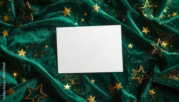 Fototapeta A minimal white card placed on emerald velvet with glowing gold stars for a rich holiday aesthetic