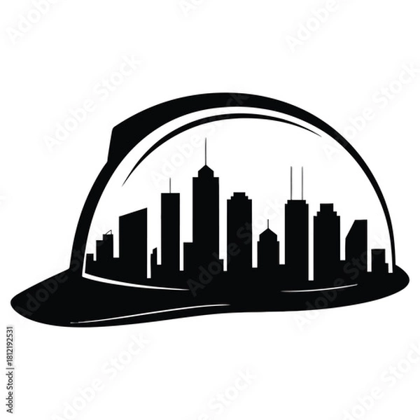 Obraz Construction worker hard hat with city skyline silhouette isolated on white background for construction company