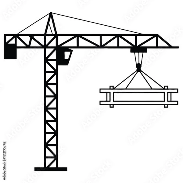 Fototapeta Silhouette of a construction crane lifting a load, isolated on white background, providing a clear and simple illustration