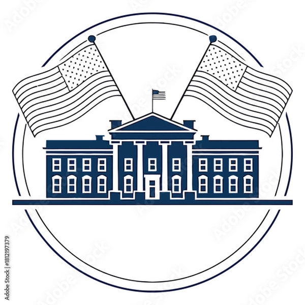 Fototapeta The white house with american flags isolated on white background, a symbol of american government and democracy