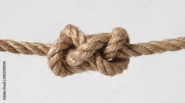 Obraz Close-up of a sturdy brown rope tied in a secure knot on white background