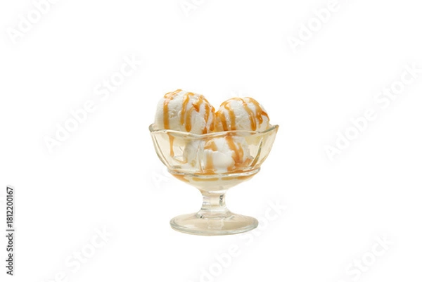 Obraz Three scoops of ice cream with syrup. Clear.