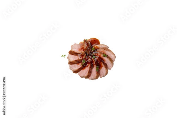 Obraz Sliced ​​duck breast with sauce. Transparent.