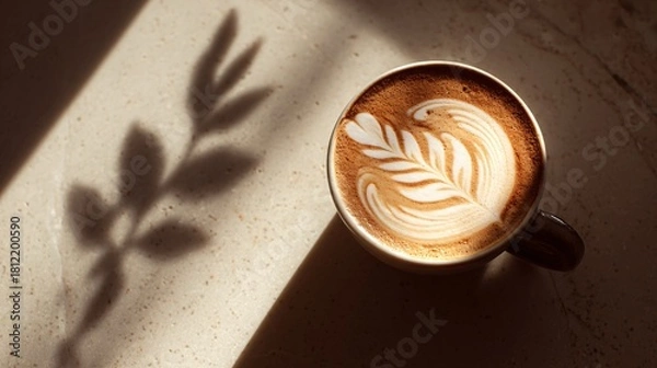 Fototapeta Close-up of Latte Art Coffee Cup with Plant Shadow on Table