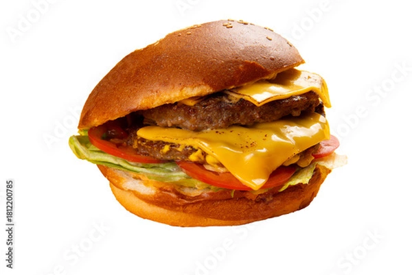 Obraz A delicious burger with cheese, lettuce, and tomatoes. Transparent.