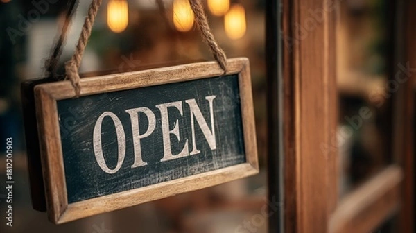Fototapeta Rustic wooden open sign hanging in warm ambient light