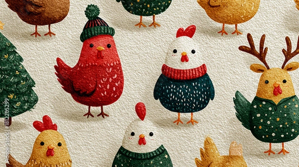 Obraz Watercolor illustration of chickens wear knitted hats and sweaters creating a whimsical festive pattern against a bright white background.