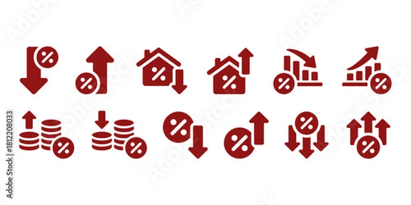 Fototapeta Low and high interest rate icon set. Percentage, growth, decline, mortgage, loan and finance symbols with up and down arrows for banking and economy. Solid vector icons collection.