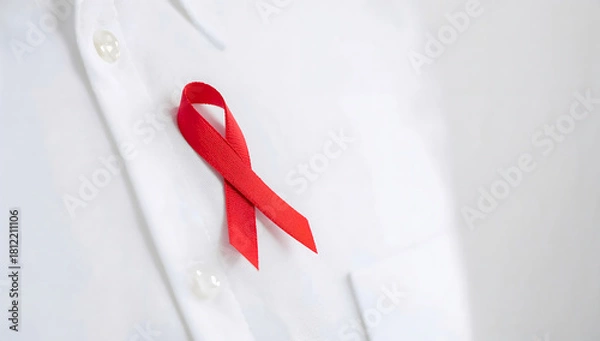 Obraz Close-up of a red awareness ribbon on a white shirt, a powerful symbol of support for people living with HIV and for World AIDS Day