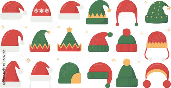 Obraz Collection of colorful Christmas hats including Santa hats, elf hats and winter beanies, perfect for holiday decorations, festive graphics and seasonal designs