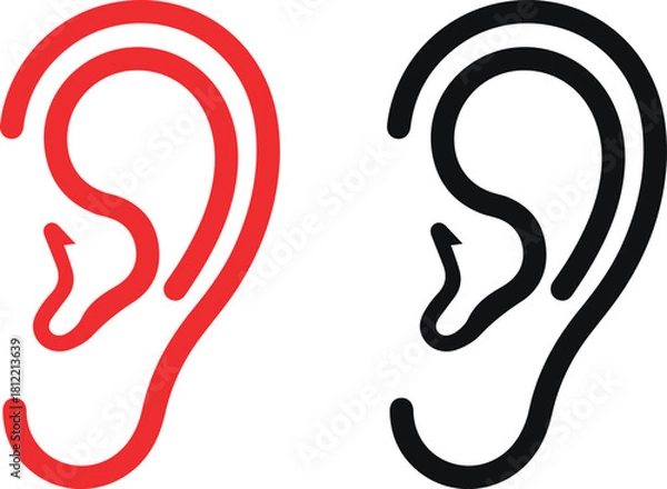 Fototapeta Stylized red and black human ear outline icons representing hearing sense