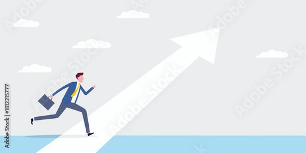 Fototapeta Businessman running upward arrow towards success
