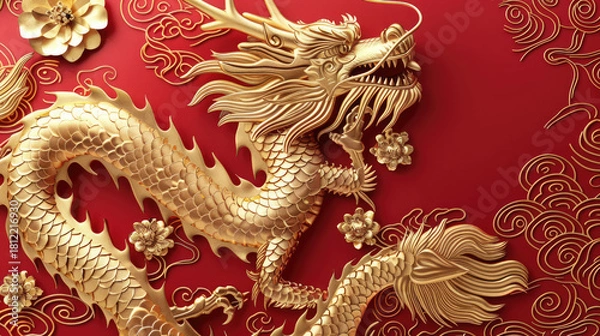 Fototapeta Golden dragon decorative pattern on red background creating elegant Chinese New Year festive theme for design use