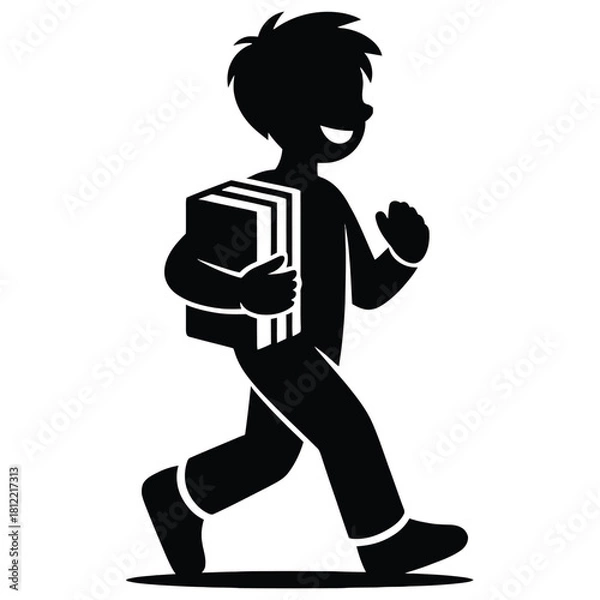 Fototapeta A boy is walking and carrying books isolated on white background, he is smiling and happy to study at school