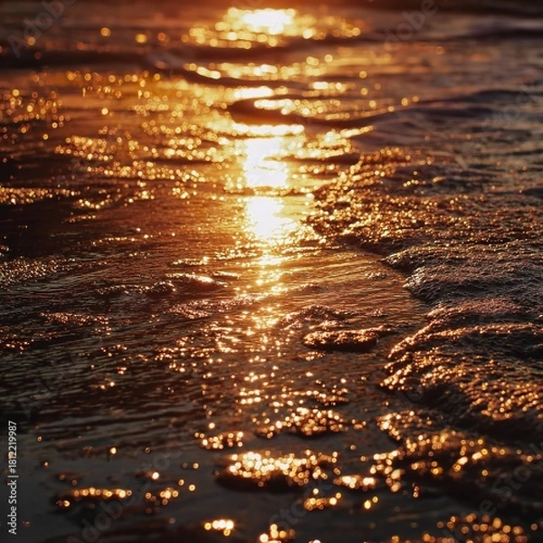 Obraz A close up view of water reflecting sunlight creating a sparkling effect on the water surface at sunset