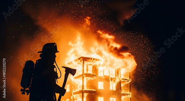 Fototapeta Brave Firefighter Silhouetted Against Massive Building Inferno at Night