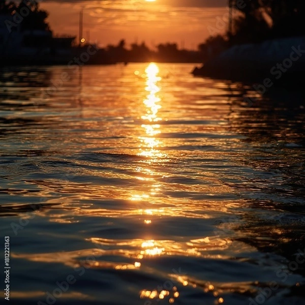Fototapeta Golden hour light reflecting on calm water surface with distant silhouette of boats and trees at dusk