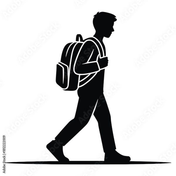 Fototapeta Silhouette of a student walking with a backpack isolated on white background, representing education and travel