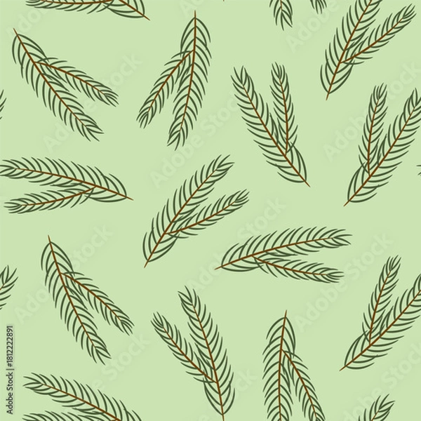 Obraz Seamless pattern with green spruce branches scattered on a light green background. A festive vector background for Christmas banners, wallpaper, wrapping paper, and fabric prints.