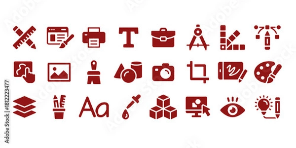 Fototapeta Graphic Design icon set. Containing web design, draw, illustration, portfolio, website, creativity, art, painting, print and more. Solid icons template vector collection.