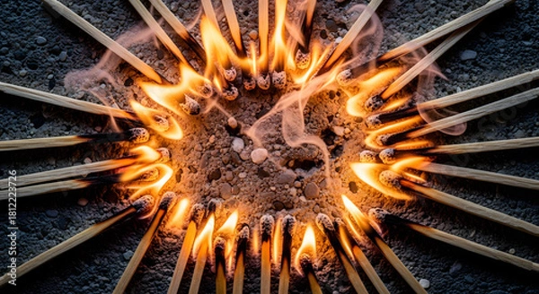 Fototapeta Intense Circle of Burning Matches Igniting in Dark Center Metaphor for Crisis or Unity