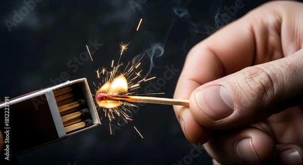 Fototapeta Close up of Hand Striking a Match Creating Sparks and Fire Against Dark Background