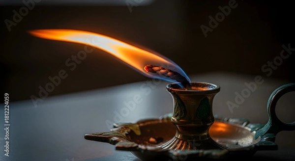Fototapeta Dramatic Close Up of an Ancient Oil Lamp Flame Burning with Intense Heat and Soft Glow