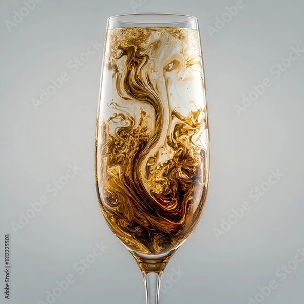 Fototapeta A champagne flute filled with a swirling mixture of white and brown liquids on a gray background
