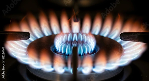 Fototapeta Close up of a bright blue and orange natural gas flame burning steadily on a stove burner for cooking or heating