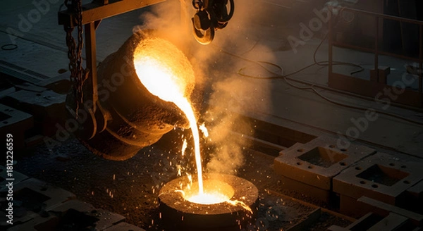 Fototapeta Molten Metal Pouring in Foundry Intense Heat of Industrial Casting Process