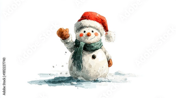 Obraz Watercolor snowman illustration wearing a hat and scarf perfect for winter holiday greeting cards and festive designs