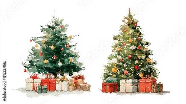 Obraz watercolor christmas tree collection with gifts for holiday season celebrations and festive decor illustration pack