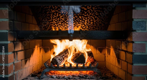 Fototapeta Cozy Brick Fireplace with Burning Logs and Bright Orange Flames for Winter Warmth