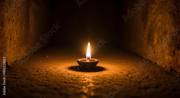 Fototapeta Single Oil Lamp Burning in Dark Ancient Stone Tunnel Symbolizing Hope and Remembrance