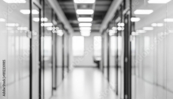 Fototapeta Quiet symmetry shapes the corridor into a tranquil grayscale composition, where glass, light, and distance combine to express modern interior refinement.