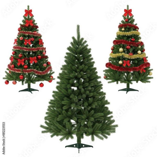 Obraz Three christmas trees, two decorated with red and gold ornaments and garlands, and one plain green, isolated on transparent background