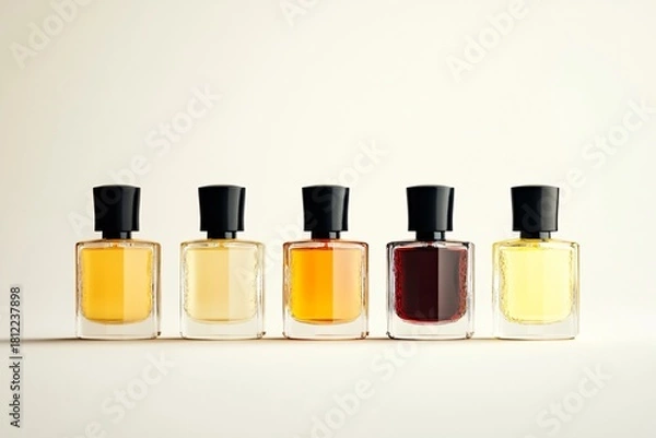 Fototapeta Elegant perfume bottles lined up in warm light for a sophisticated fragrance advertisement or beauty product promotion showcasing luxury and style