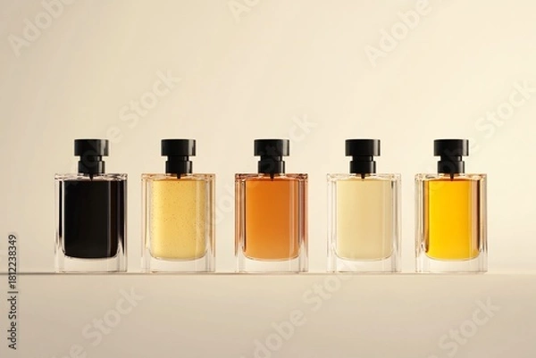 Fototapeta Elegant assortment of luxurious perfume bottles in warm amber tones, perfect for beauty branding and fragrance advertising that evokes sophistication and class