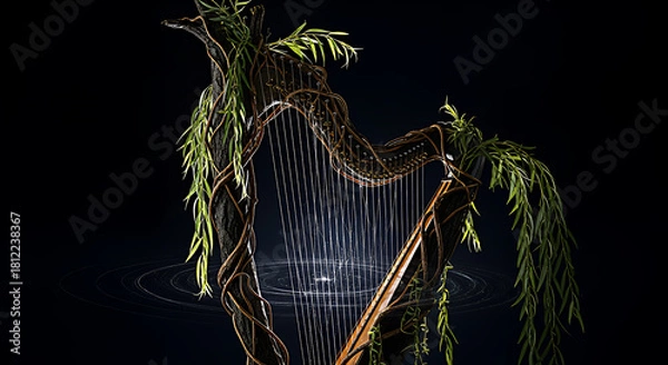 Fototapeta Mysterious creature covered in glowing green moss and vines with sharp teeth and glowing eyes on a dark background