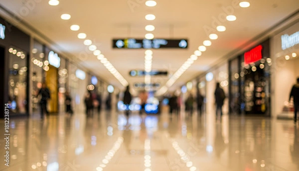 Fototapeta Blurred figures walk past illuminated retail displays in a modern shopping mall filled with warm ceiling lights and vibrant signs guiding visitors forward.